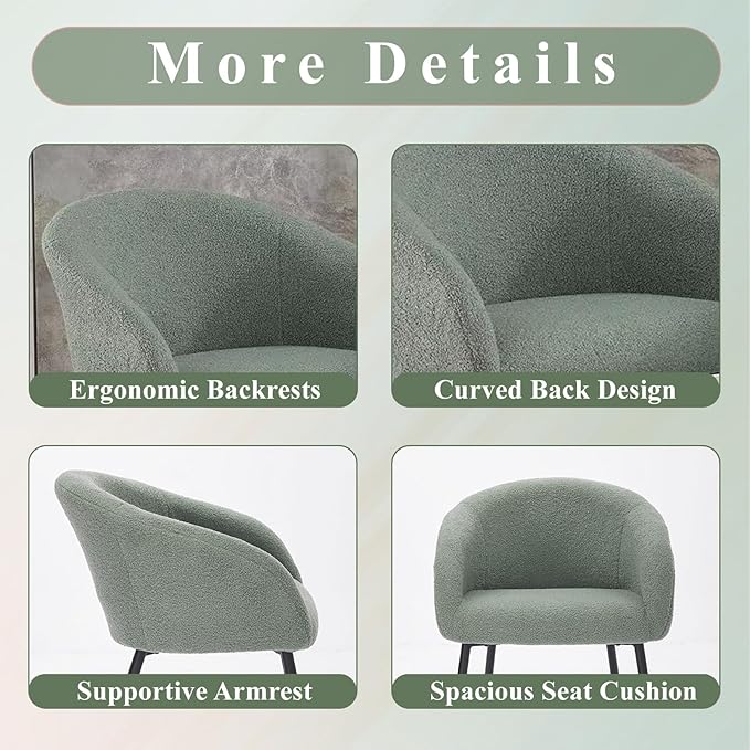 Modern Small Accent Chair Set of 4, Comfy Sherpa Makeup Vanity Chair with Metal Legs, Decorative Dining Chair no Wheels for Living Room, Dressing Room, Bedroom, Green