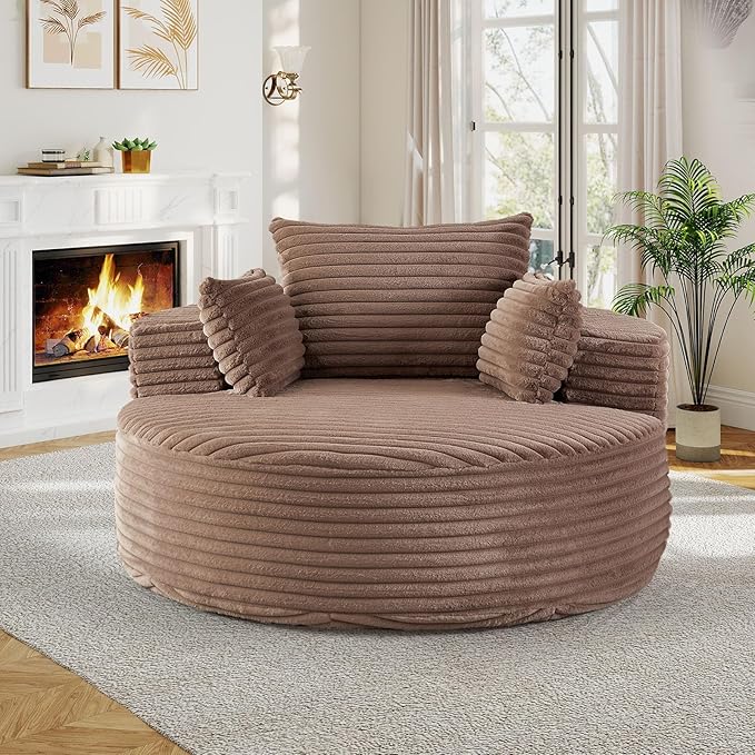 55"W Oversized Round Chair Lounge Chaise Indoor, Upholstered Comfy Circle Sofa Armchair, Modern Cozy Boneless Foam Floor Reading Chair for Living Room, Bedroom, No Assembly Required(Corduroy, Brown)