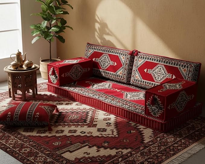 Arabic Majlis Floor Seating Set, Arabic Majlis, Turkish Sofa, Floor Cushions, Seating Cushions, Moroccan Home Decoration, Moroccan Terrace Pallet Sofas, Sectional Sofas, Red