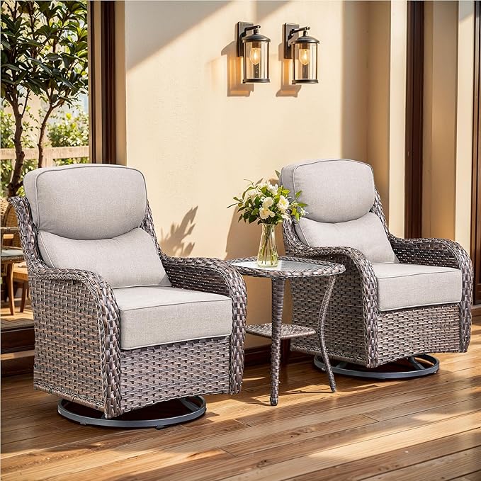 moosprr Luxury Outdoor Swivel Rocker Patio Chairs, High Back Swivel Patio Chairs with Side Table & 6-Inch Thick Cushions, Wicker Outdoor Bistro Set for Porch, Yard, Deck, Poolside, Brown/Beige