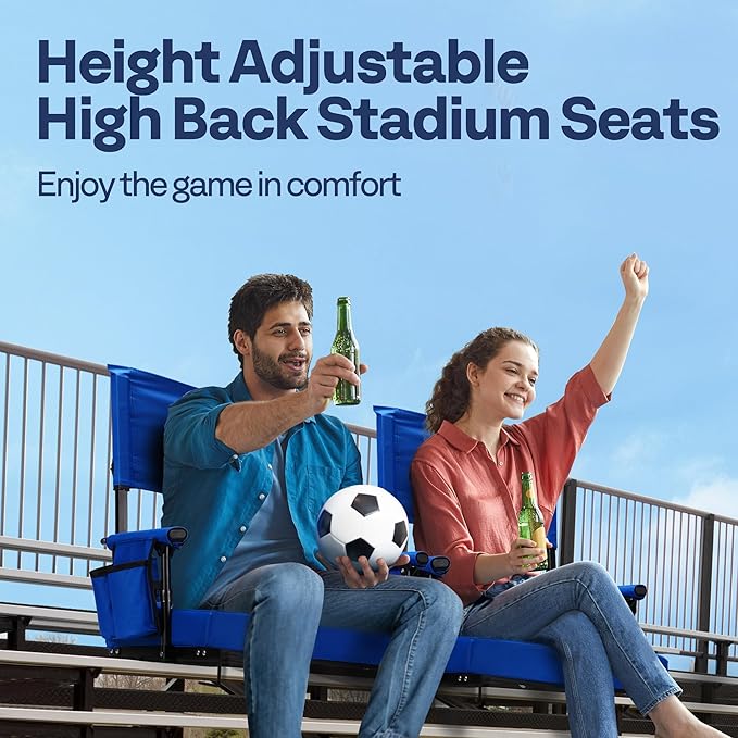 VIVOHOME Height Adjustable High Back Stadium Seats with Back Support and Cushion, 2 Pack Portable Bleacher Chairs with Cup Holder and Shoulder Strap, Blue