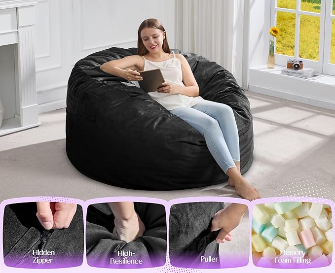 Hobestluk Giant Bean Bag Chair Bed for Adults, Large Bean Bags with High-Density Foam Filling, Convertible Big Sofa Bed Couch for Living Room, Bedroom, Playroom (Black, Full)