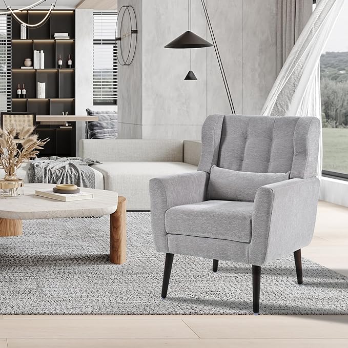 QKFF Accent Chair Set of 2, Upholstered Armchair with Pillow, Fabric Single Sofa Chair with Lounge Seat and Wood Legs Accent Chair for Living Room Small Spaces (Grey, Set of 2)