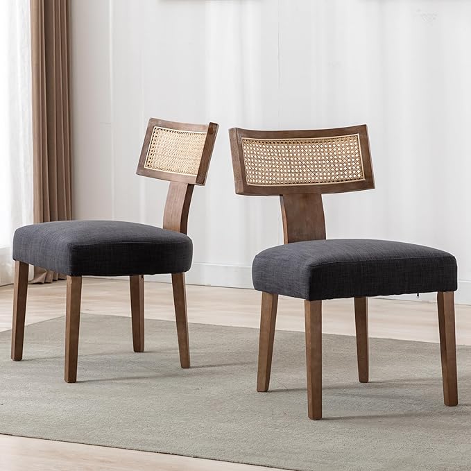 RIVOVA Rattan Dining Chairs Set of 2, Modern Fabric Upholstered Kitchen Chairs, Wooden Dining Room Chair Farmhouse Dinner Chair, Charcoal