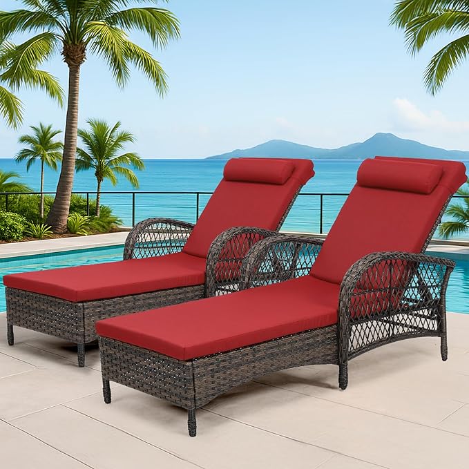 WINGTU Outdoor Chaise Lounge Chair Set of 2, PE Wicker Recliner Patio Reclining Sunbathing Chair with Cushion, 6-Position Patio Lounge Chair with Adjustable High Backrest, Armrest & Pillow, Red