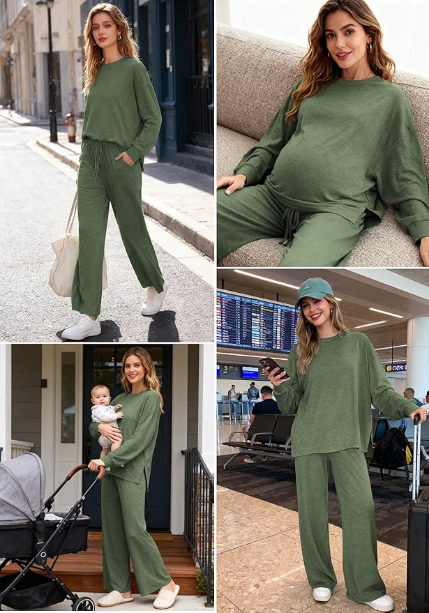 AmazingStar Womens Lounge Set 2025 Fall 2 Piece Outfits Long Sleeve Tops Wide Leg Long Pants Cozy Matching Sets Clothing