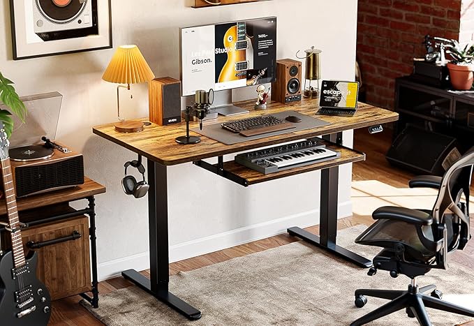 FEZIBO Standing Desk with Keyboard Tray, 55 x 24 Inch Adjustable Height Sit Stand Desk with Memory Presets for Home Office, Ergonomic Computer Workstation, Rustic Brown