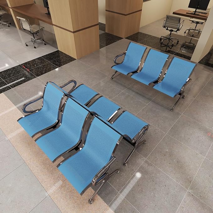 Kinfant 3-Seat Waiting Room Chair - Office Guest Reception Chairs with Ergonomic Backrests, Airport Waiting Bench with Armrests, Metal Waiting Furniture for Hospital, Bank, Salon, (Blue, Set of 3)
