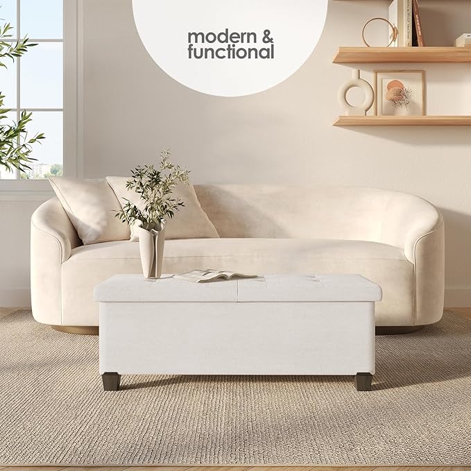Storage Ottoman Bench with Bins, 43-in Storage Bench for Bedroom End of Bed, Folding Foot Rest Ottoman for Living Room Max 660lbs, Fabric Ottomans, Cream