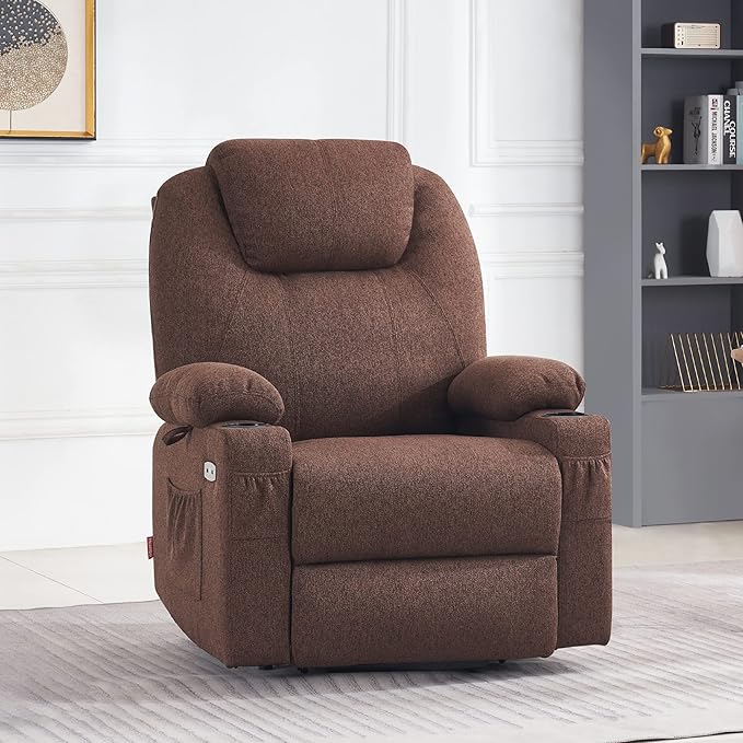 MCombo Power Lift Recliner Chair for Elderly, Lift Chair with Heat and Massage for Tall People, USB&Type C Ports, Extended Footrest, Cup Holders, Fabric 7516 (Large, Coffee)