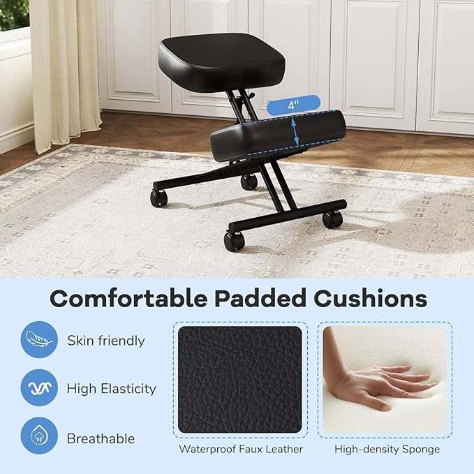 Goplus Kneeling Chair, Upholstered Mobile Desk Chair w/Adjustable Height, Thickened Sponge Cushion, 4 Lockable Universal Wheels, Office Home Padded Stool with Angled Seat, Black (2)