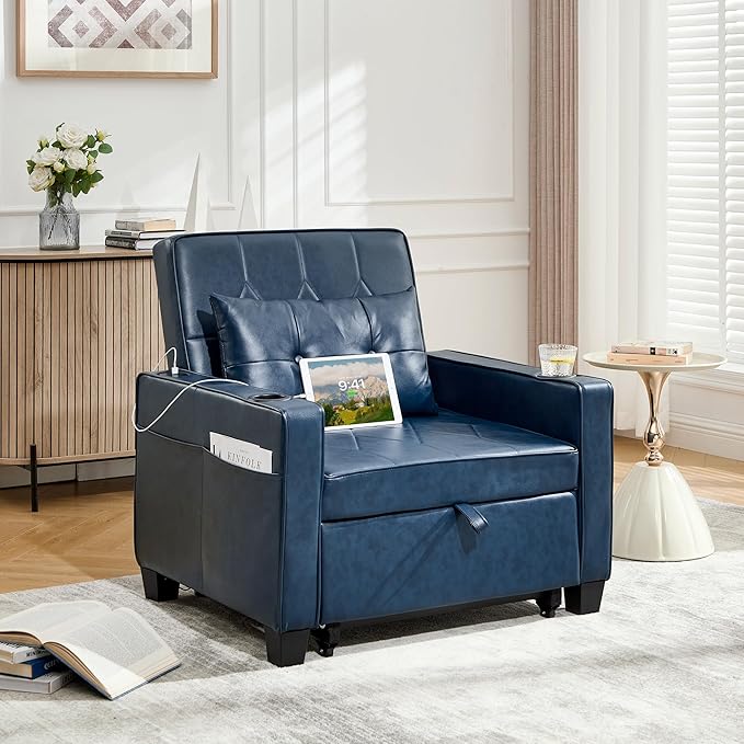 TYBOATLE Leather Convertible Sleeper Chair Bed for Adults, 3-in-1 Pull Out Sofa Chair Bed with USB/Type-C Ports, Cup Holders, Side Pockets, Single Sofa for Living Room, Bedroom, Office (Blue)