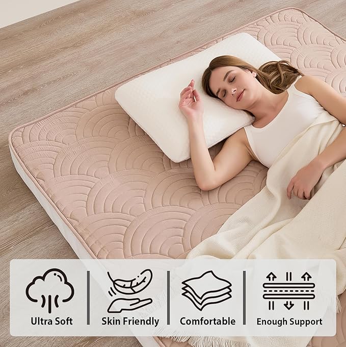 Zelladorra Japanese Floor Mattress, Quilted Futon Mattress with Anti-Slip Bottom, Foldable Floor Bed with Storage Bag and Straps, (Beige, Twin)