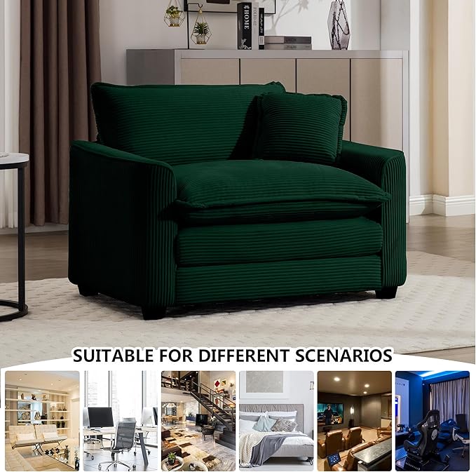 Aoowow Corduroy Large Armchair,Modern Oversized Single Sofa Chair with Throw Pillow,Deep Single Seat Cloud Sofas Couches for Living Room,Tufted Oversized Accent Arm Chair (Green, Sofa Chair)