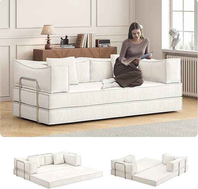 Carzzi-Life 79" Convertible Sleeper Sofa Bed, Corduroy Folding Sleeper Couch with Fixed-Shape Frame, Boneless Couch for Living Room Bedroom, Floor Sofa Lounge No Assembly Required (Beige)