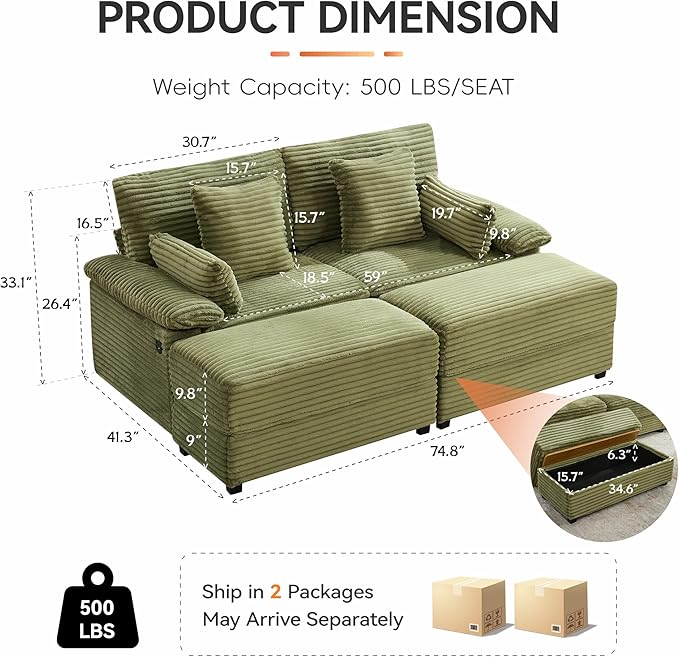 75" Corduroy Loveseat with Storage Ottoman & USB, Cloud Deep Seat Couch with Convertible Ottoman Coffee Table, Double Chaise Lounge for Living Room, Green