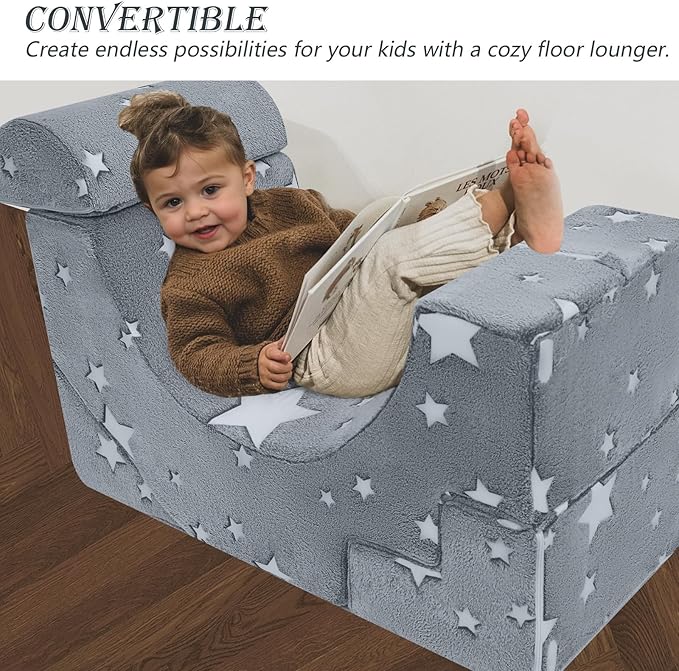 MeMoreCool Toddler Foam Climbing Couch – Modular Kids Sofa with Slide & Stairs | Convertible Sectional Play Couch for Babies & Toddlers, Glow‑in‑The‑Dark Stars, Soft Foam Playroom Furniture