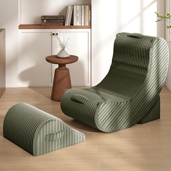 Gaint Bean Bag Chairs for Adults, Beanbag Lounge Filled with Memory Foam, Adjustable Angle, Corduroy Fabric, with Detachable Footrest for Bedroom, Living Room and Nursery(Olive Green)