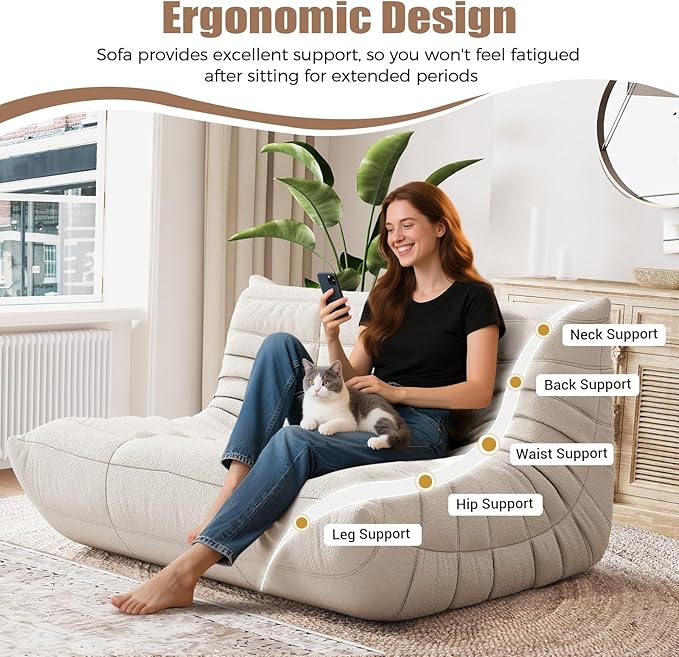 Selyteramy Bean Bag Chairs for Adults, Giant Bean Bag Chair Sofa with Memory Foam, Comfy Beanbag Loveseat Lazy Sofa for Living Room, Bedroom, Apartment, White