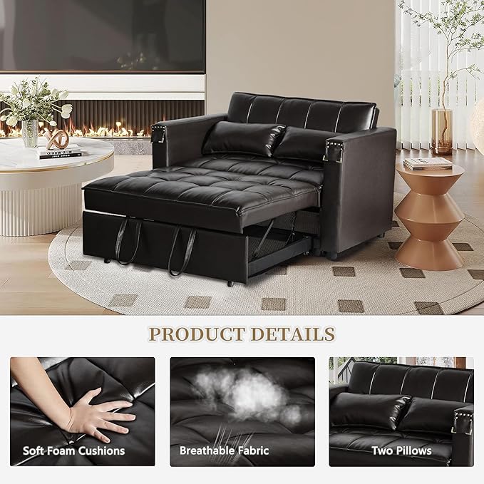 ORRD Convertible Sofa Bed, 3-in-1 Multi-Functional Faux Leather Sleeper Couch Pull-Out Bed, 48'' Loveseat Bed Chaise Lounge with Adjustable Backrest and Hidden Side Table for Living Room, Small Space