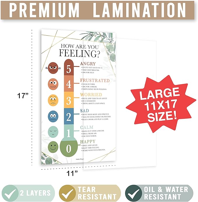 Hadley Designs 8 Calming Corner Posters for Classroom Must Haves for Teachers - 11x17 Calm Down Corner Supplies, Feelings Chart for Kids Ages 4-8, Toddler Emotions Chart, Greenery Classroom Decor