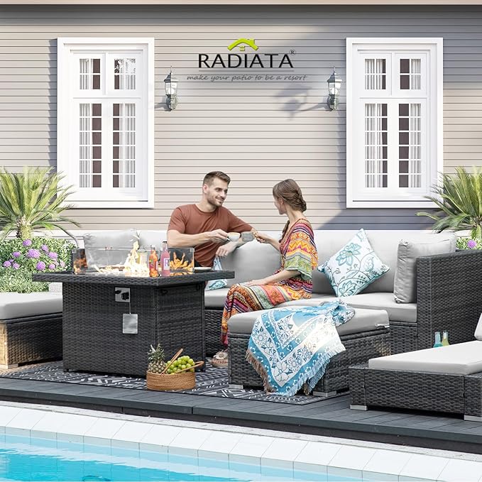 RADIATA 9 Piece Wicker Patio Furniture Set with Fire Pit, All-Weather Outdoor Sectional Couch High Back Large Size, Modular Backyard Seating Sofa Set with Propane/Natural Gas Firepit Table, Light Grey