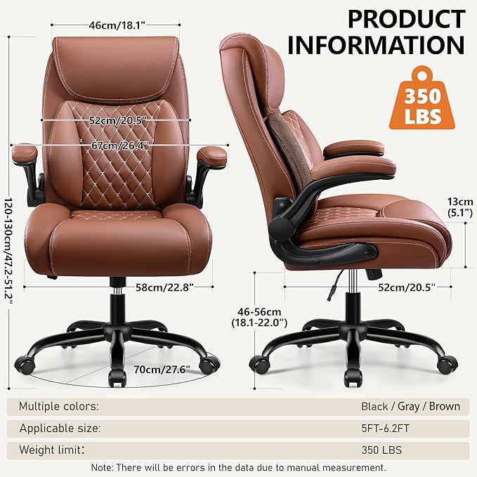 BESTFAIR Office Chair,Ergonomic Office Chair with Lumbar Support for Lower Back Pain Relief, Executive Leather Chair with Padded Flip-up Arms, Wheels and Adjustable Armrests, Brown