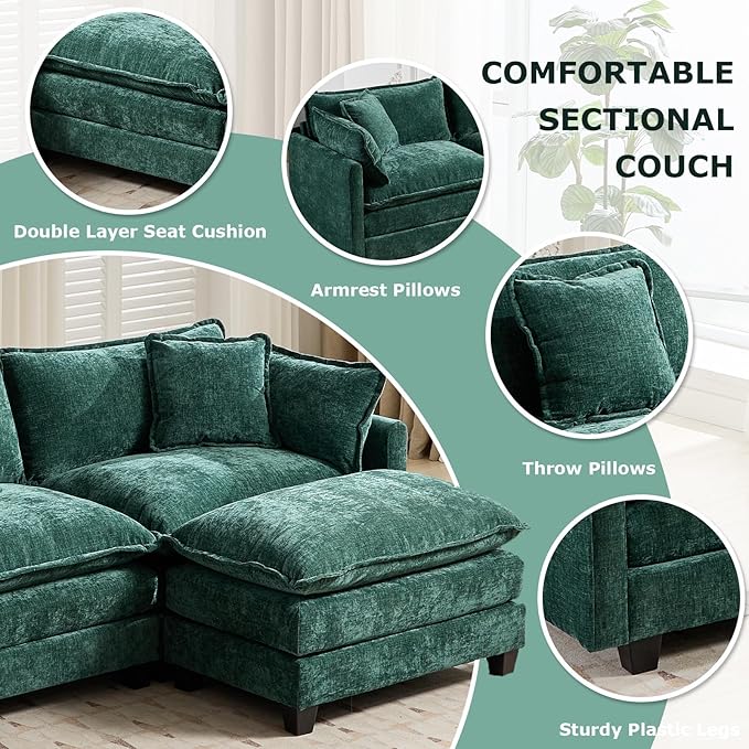 SoarFlash Chenille Sectional Sofa, Comfy Modular Single Sofa with Ottoman, Modern Recliner Deep Seat Sofa Set for Living Room,Green