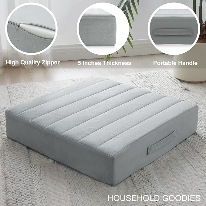 JKMAX 22 inches Floor Pillow for Adults - Large Meditation Cushion with Thick Foam & Soft Tufted Cover - Premium Outdoor Square Floor Cushion Seat - Yoga Pillows for Sitting On Floor - Light Gray