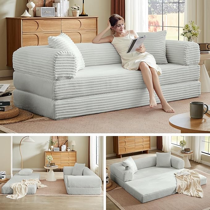Chorlenimi Boneless Couch Futon Sofa Bed Sectional Couches for Living Room,Cloud Couch with Sleeper Sofa,Sofas for Living Room Oversized Corduroy Upholstered (Light Grey, 76 Inches (No Iron Frame))