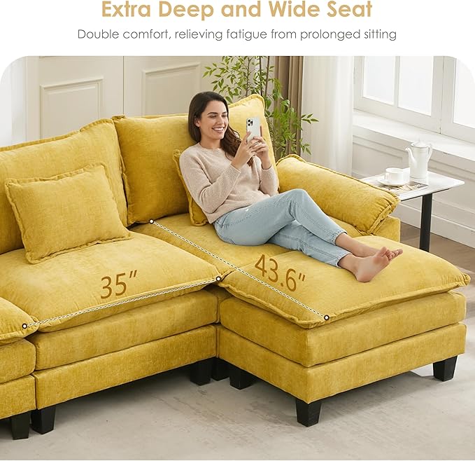 URRED Cloud Couch Modular Sectional Sofa, 87" Modern L Shaped Deep Seat Sofa with Ottoman & Pillows, Ultra Comfy Chenille Couches for Living Room, Bedroom or Apartment, Yellow