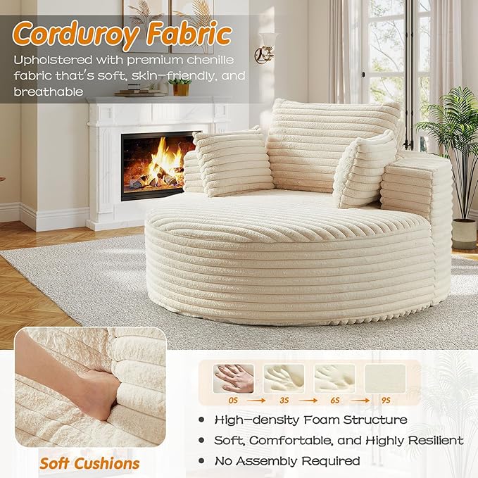 55"W Oversized Round Chair Lounge Chaise Indoor, Upholstered Comfy Circle Sofa Armchair, Modern Cozy Boneless Foam Floor Reading Chair for Living Room, Bedroom, No Assembly Required(Corduroy, Beige)