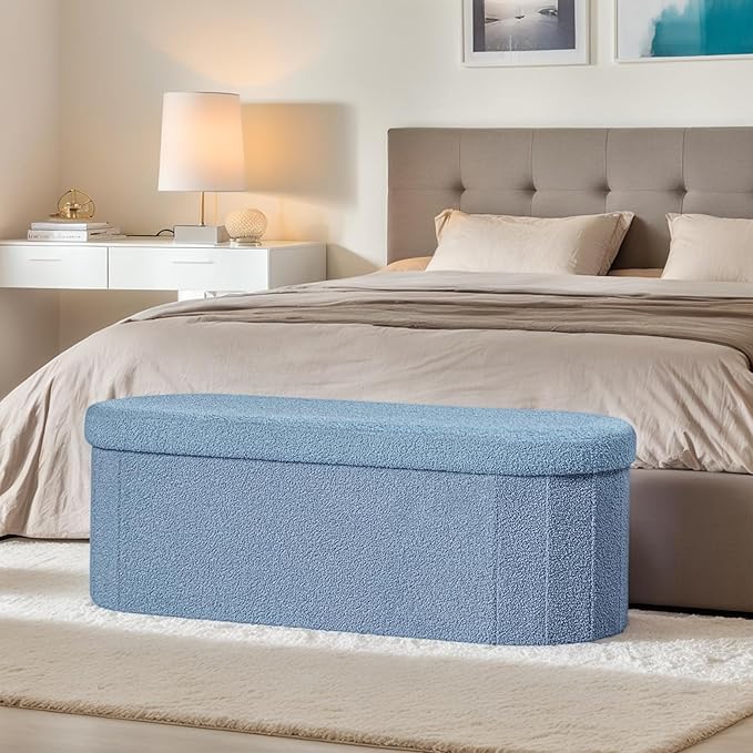 43.3 Inches Collapsible Ottoman with Storage, Bench with Storage Ottoman for Living Room, Bedroom & Entryway-Blue