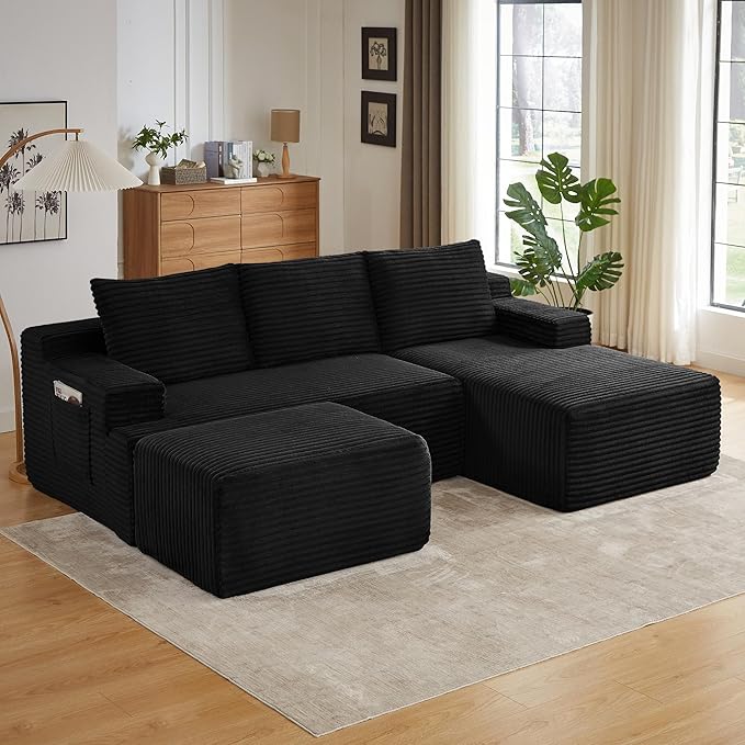 96" Sectional Couches for Living Room Cloud Couch Sofa with L-Shape Upholstered Boneless Couchs Modern Modular Sectional Couch with Chaise (Black, 96" W+Right Facing Chaise+2Seaters+Ottoman)