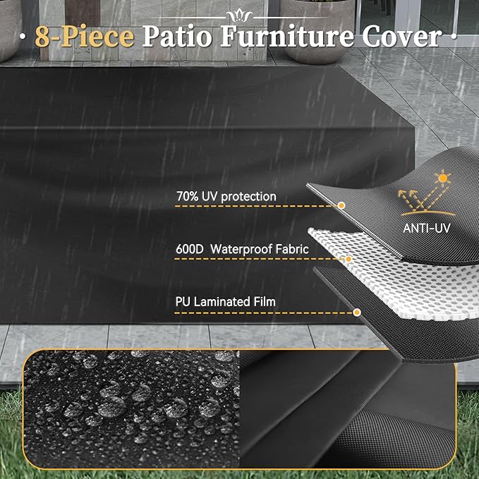 Aoxun 8 Piece Patio Furniture Set with 40'' Fire Pit Table Wicker Rattan Patio Conversation Set Outdoor Sectional Sofa Set with Coffee Table, Grey/Blue(Waterproof Cover Included)