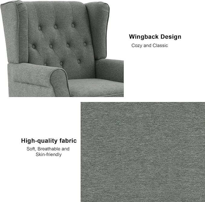 DREAMSIDEA Accent Chair, Upholstered Armchair with Button Tufted High Back & Solid Wood Legs, Comfy Wingback Reading Single Sofa Chair for Small Spaces, Living Room, Bedroom (Grey, Set of 2)