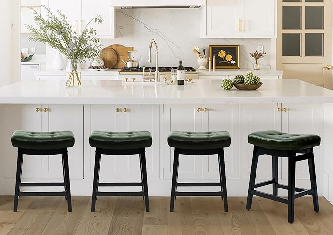RNKSFX Counter Height Bar Stools Set of 4 for Kitchen Counter Farmhouse Modern Barstools with Faux Leather Upholstered Backless Seat and Solid Wood Legs 24 inch Bar Chairs, Green + Black