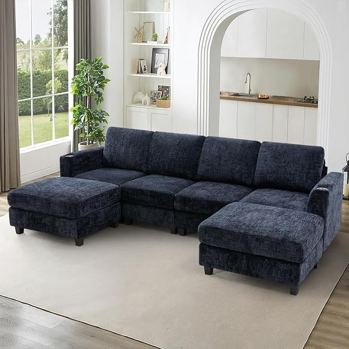 Lesofair 110" Chenille Sectional Sofa with Movable Ottomans, Modular U-Shape Couch with Cup Holders, Convertible 4 Seater Sofa with Well-Filled Backrest Cushions for Living Room, House, Blue