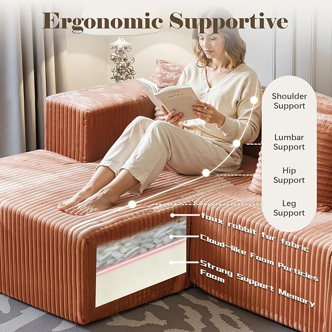 130'' U Shaped Couched for Living Room, Cloud Modular Sectional Couch with 2 Chaise Lounge, Modern Minimalist Upholstered Sofa Sleeper Deep Seat Corner Couch, No Assembly Required Orange Brown