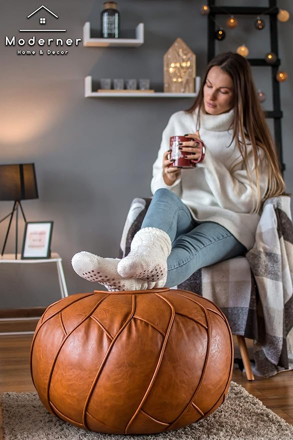 Moderner Faux Leather Pouf Unstuffed Ottoman Moroccan Footstool, Floor Footrest Cushion, Storage Solution - Natural Brown Color