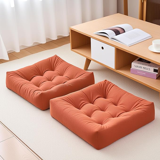 Tikuns Floor Pillows for Adults, 22x22x6 Inch Meditation Cushions, Large Square Sitting Cushion Living Room Memory Foam Pillow for Sitting (4, Orange, 22x22x6 Inch)