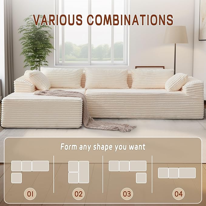 Korser 110" Sectional Couches for Living Room, Modular Sectional Sofa with L-Shape Chaise, Cloud Couch, Comfy Corduroy Fluffy Couch with Deep Seat and Side Pockets