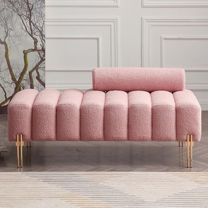 NIOIIKIT 53.2" Modern Loveseat Sofa Couch, Upholstered Accent Sofa with Golden Legs and Adjustable Backrest, Small Teddy Fleece Couches for Bedroom, Living Room, Compact Small Space (Pink)