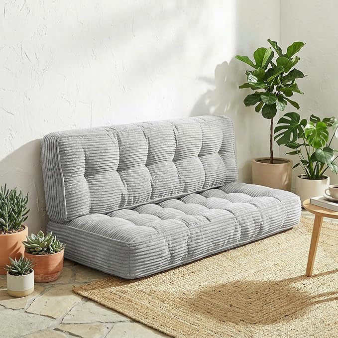 Vercraft 63 Inch Folding Bench Cushion, 4 Inch Thick 2-in-1 Convertible Long Floor Lounger Boneless Cushions Couch Mattress Upholstered for Yoga, Reading, Sleeping, Meditation Living Room(Light Grey)
