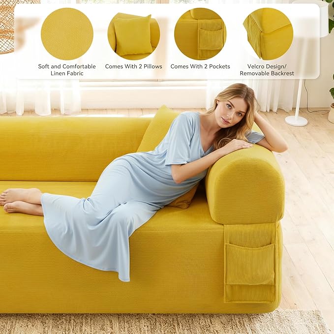 GJQ 3 Seater Boneless Couches for Living Room,Corduroy Couch with 2 Pillows & Storage,Memory Foam Couch in a Box,Compressed Floor Sofa with Armrests,No Assembly Required Cloud Sofa,Yellow