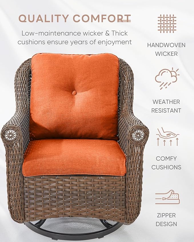 ACTREST Patio Chairs Outdoor Swivel Glider - Set of 4 High Back Outside Brown Wicker Rattan Rocking Chair with Thick Cushion for Porch Apartment Deck Yard Poolside Garden - Orange