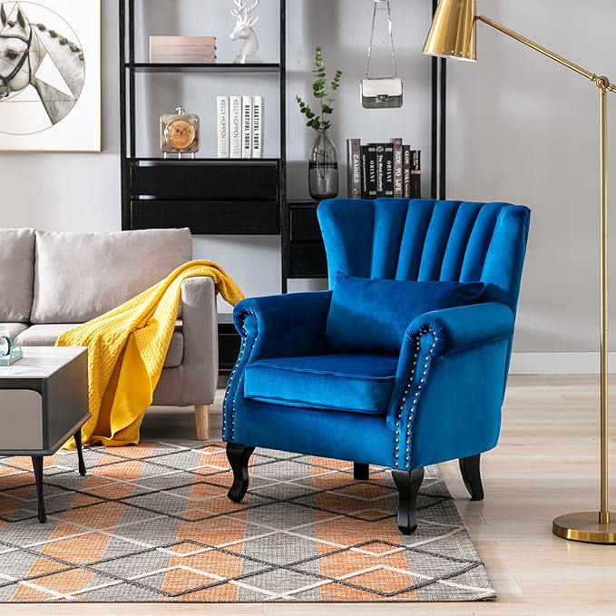 LZAREAL Accent Reading Arm Chairs Midcentury Modern Comfy Corner Sofa Chair, Wingback Waiting Room Club Chair with Tufted Back for Living Room/Bedroom/Reception Room, Velvet Blue