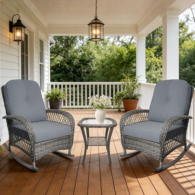 Sgentle Wicker Rocking Chair Set of 2, 3-Piece Outdoor Patio Rocker Chair with Cushions & Steel Frame, All-Weather Outdoor Rattan Rocking Chair with Side Table for Lawn Porch Garden (Grey, Style 3)