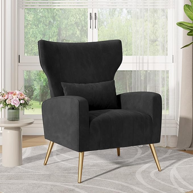 Nalupatio Modern Accent Chairs for Living Room Chairs Upholstered Velvet Fabric Reading Chair Mid Century Arm Chair Comfy Armchair,Black