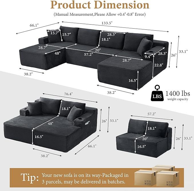133" Sectional Couches for Living Room Cloud Couch Sofa with L-Shape Upholstered Boneless Couchs Modern Modular Sectional Couch with Chaise (Dark Grey, 133" W+U Facing Chaise)